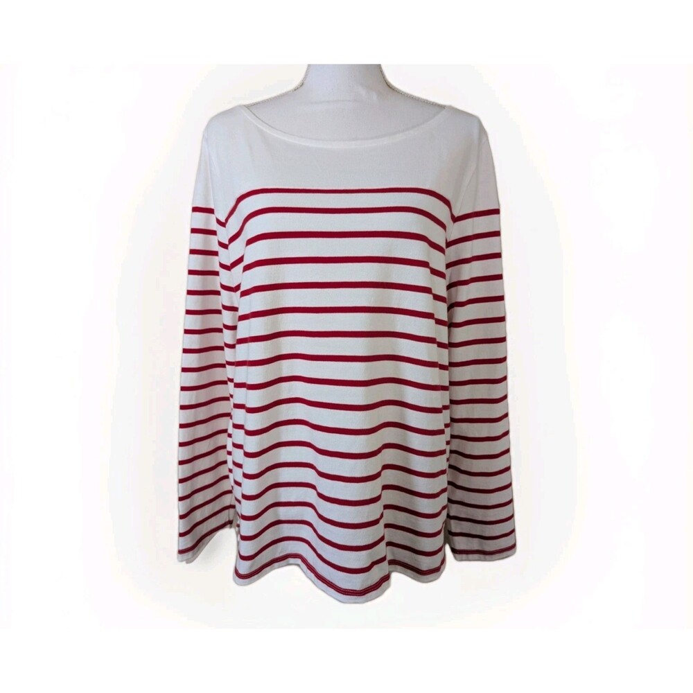 Talbots Bateau Neck Tee Women’s XL White Red Stripe Long Sleeve Preppy